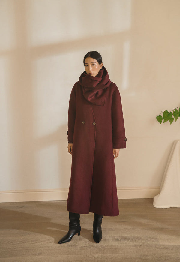 Choice Wool Handmade Coat With Detachable Scarf Burgundy