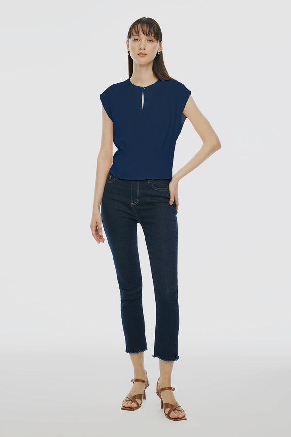 Perspective Round Neck Cap Sleeve Blouse Dark Blue