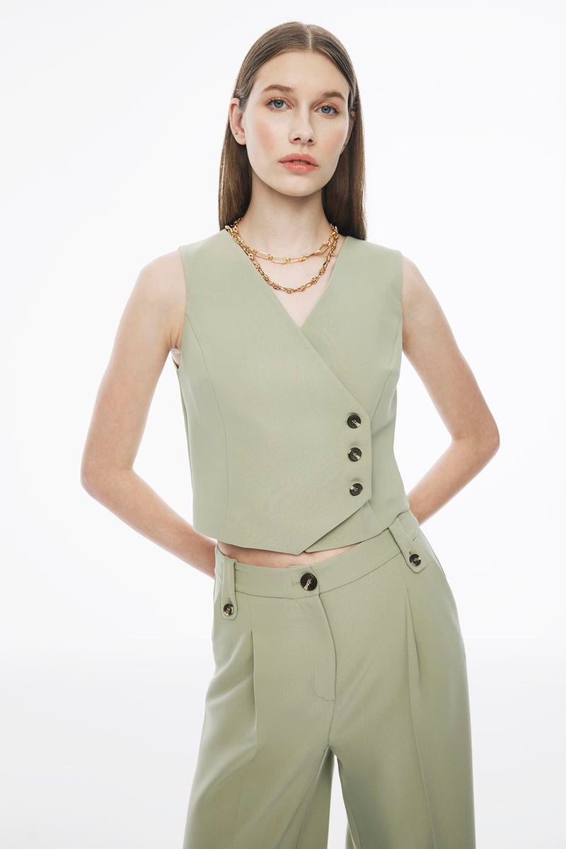 Perspective V-Neck Short Waistcoat Tea Green