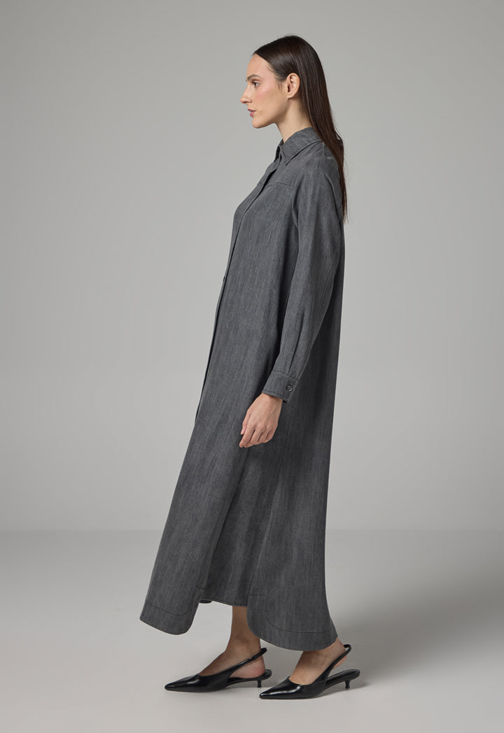 Choice Solid Flared Maxi Denim Dress Grey