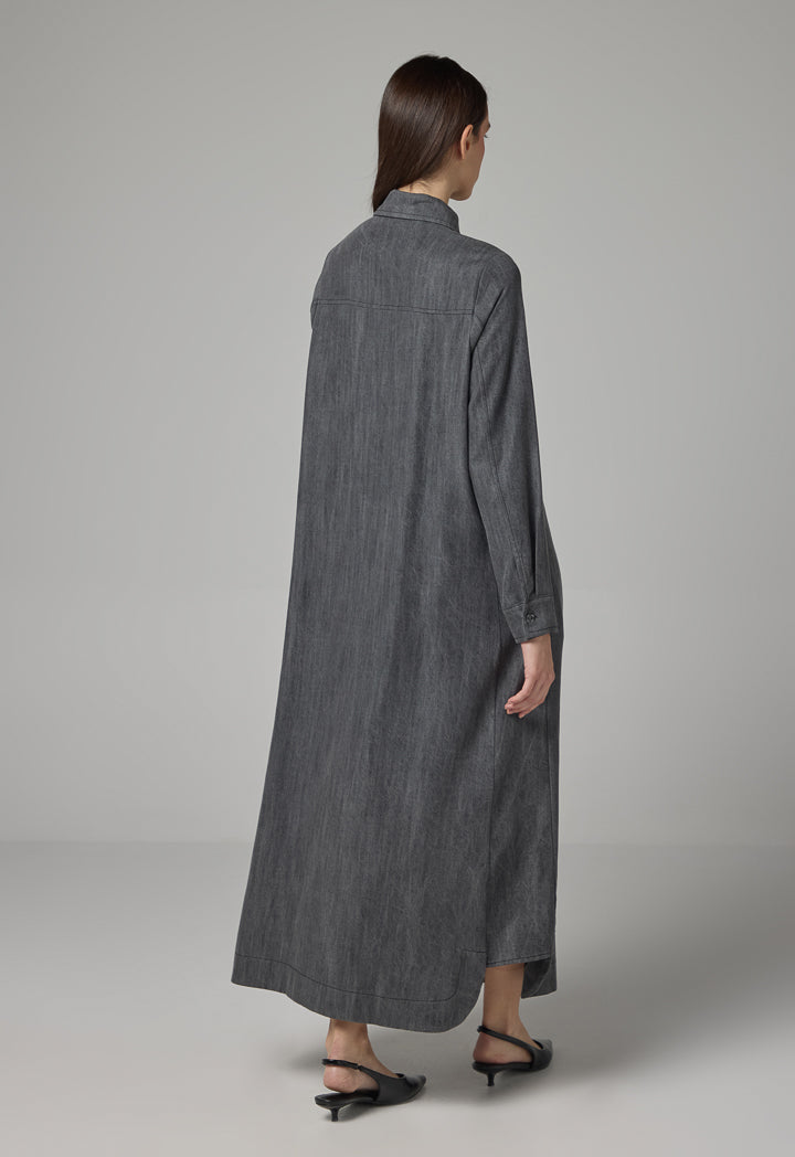 Choice Solid Flared Maxi Denim Dress Grey