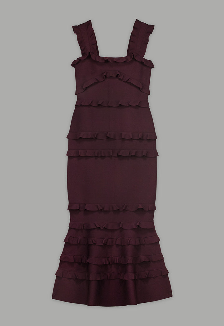 Choice Solid Ruffle Bodycon Dress Burgundy
