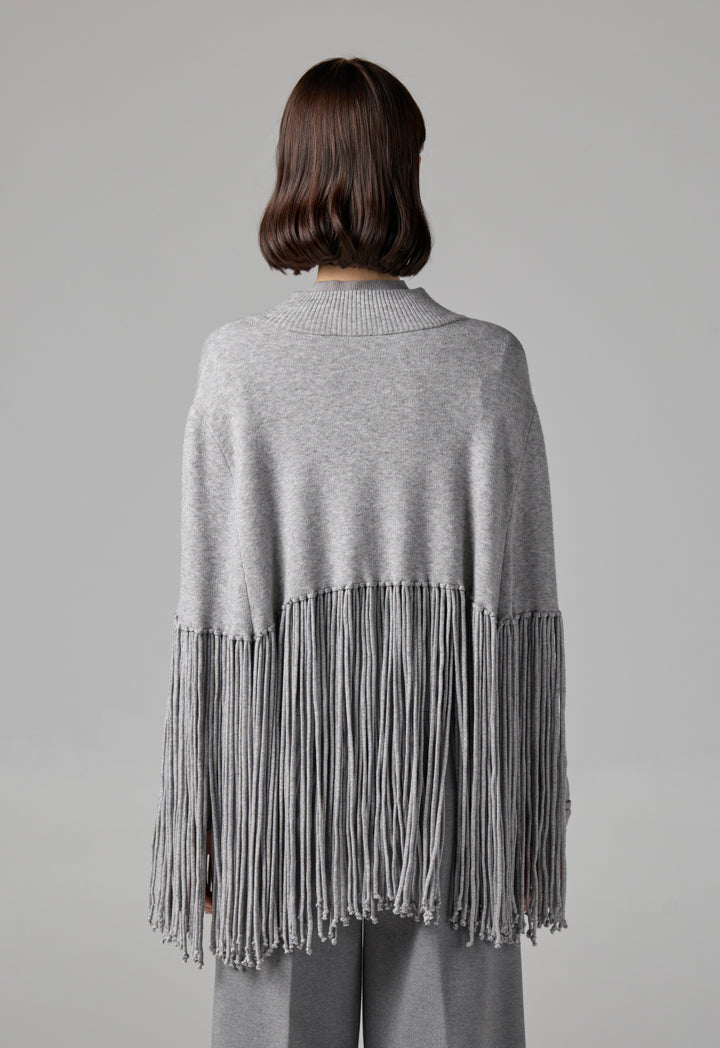 Choice Crew Neck Tassels Poncho Grey