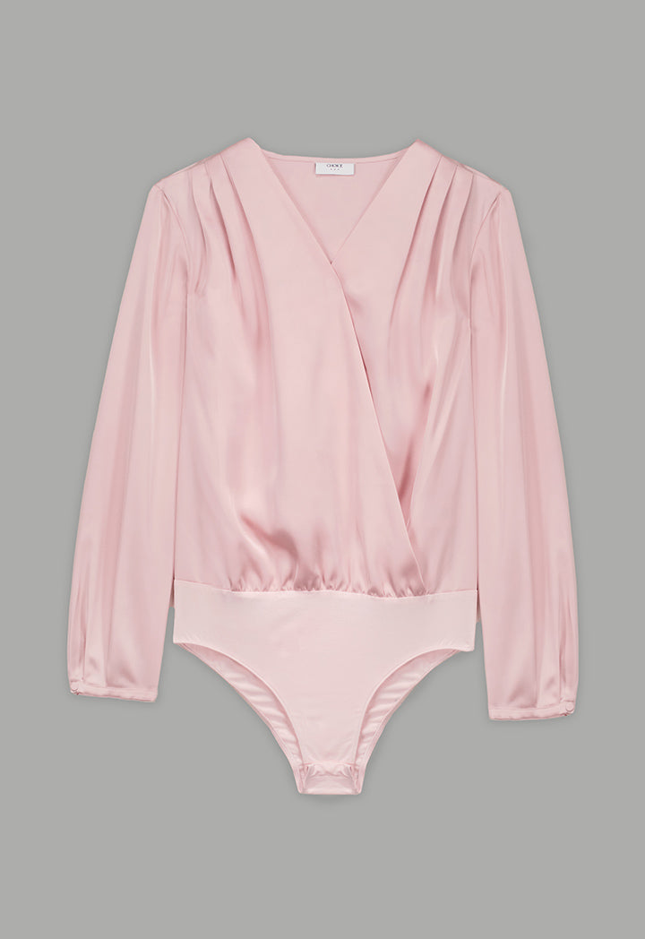 Choice Long Sleeves Satin Bodysuit Top Pink
