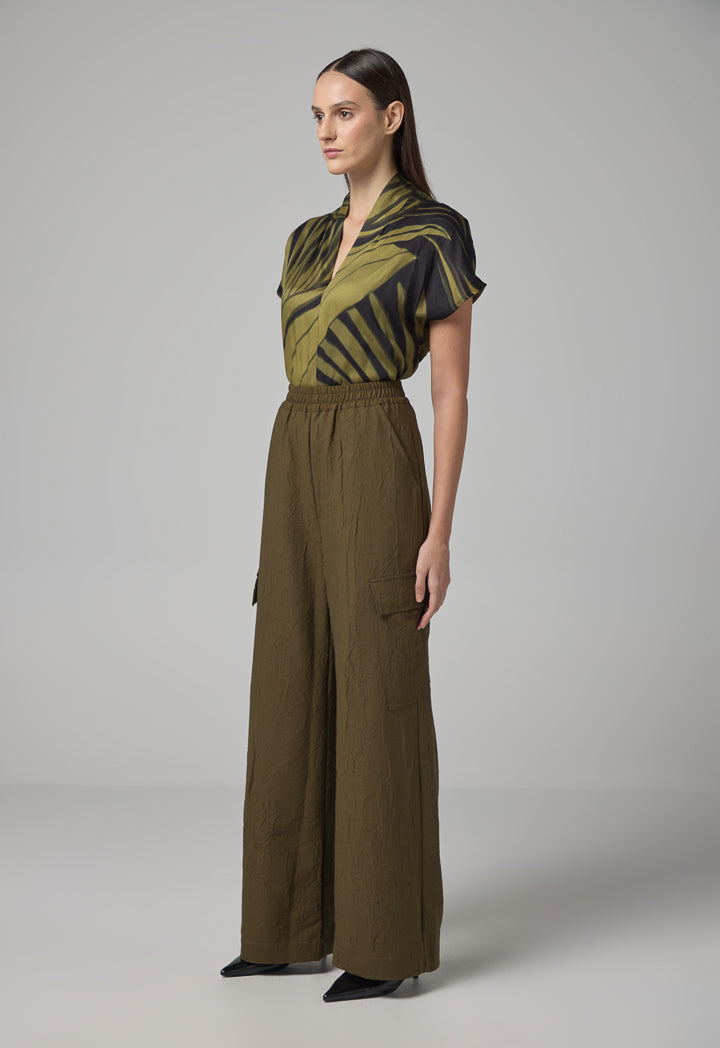 Choice Wide Leg Elasticated Waist Crinkled Trousers Khaki