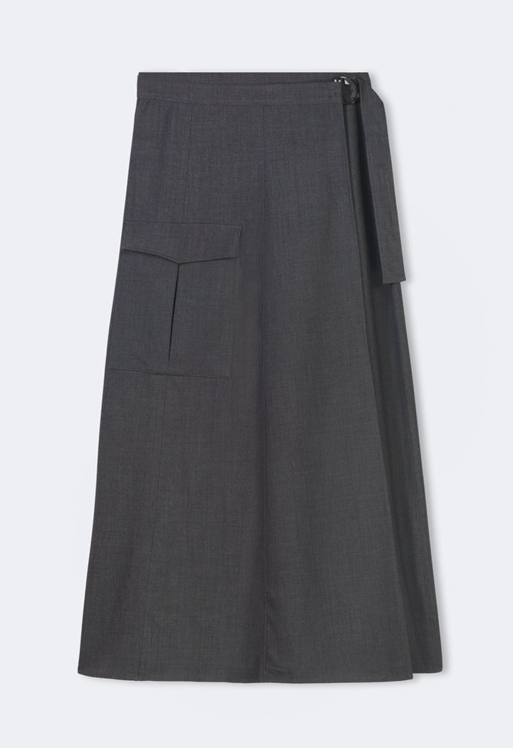 Choice Solid Wrap Flap Pocket Skirt Dark Grey