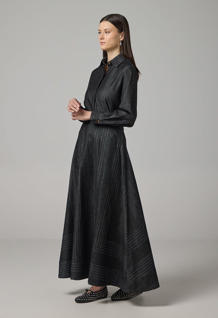 Choice Flared Denim Maxi Skirt Black