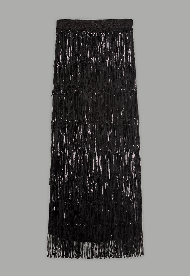 Choice Knitted Sequins Fringe Skirt Black
