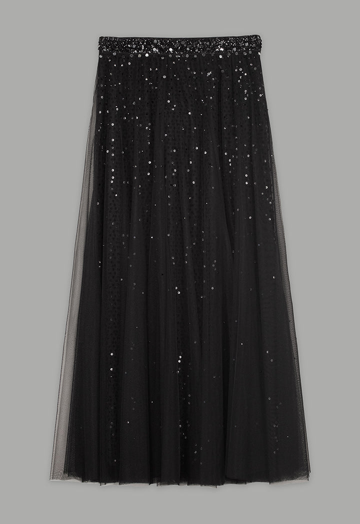 Choice Sequins Mesh Flared Skirt Black