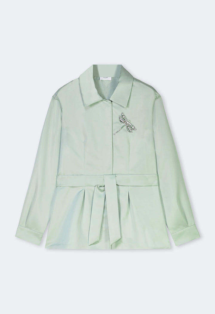 Choice Solid Crystal Embellished Belted Shirt Mint