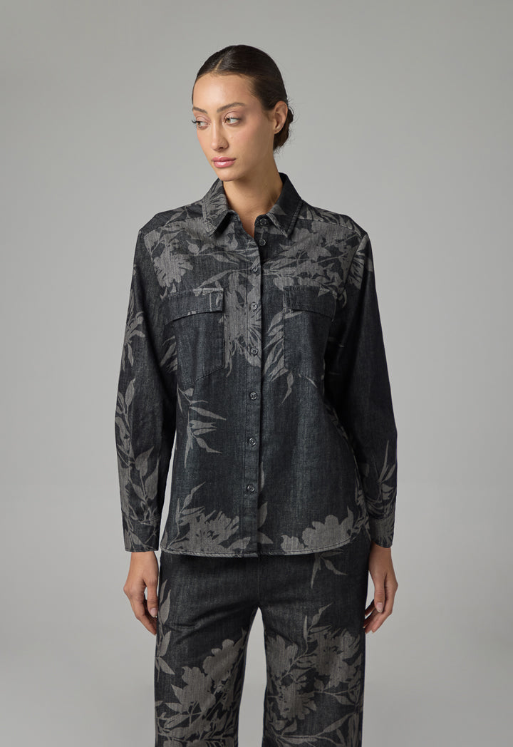 Choice Floral Print Denim Shirt Dark Grey