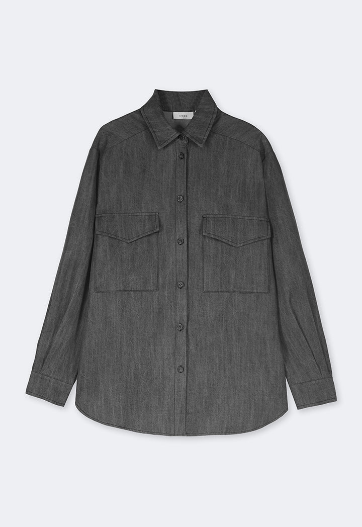 Choice Front Flap Pockets Denim Shirt  Grey