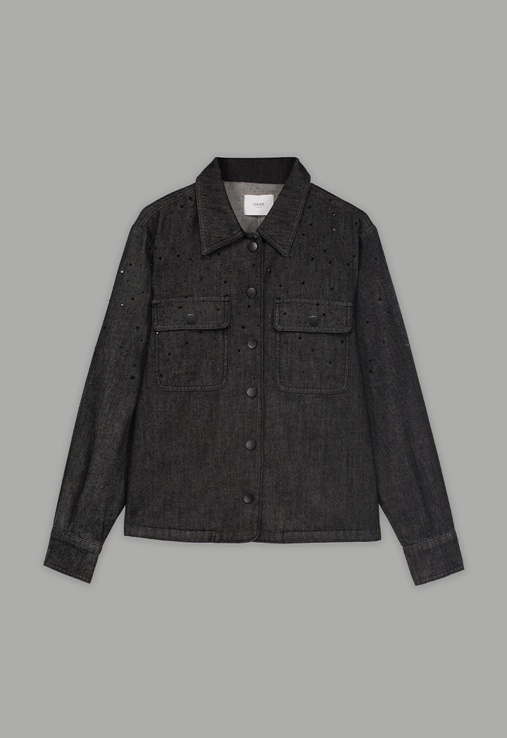 Choice Crystal Embellished Denim Jacket Black