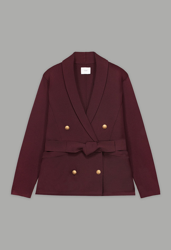 Choice Front Pockets Knitted Belted Jacket Burgundy