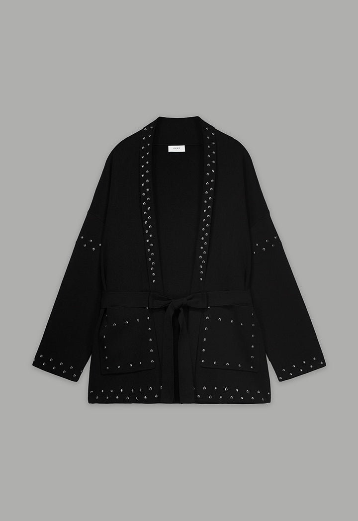 Choice Stud Detail Knitted Belted Cardigan Black