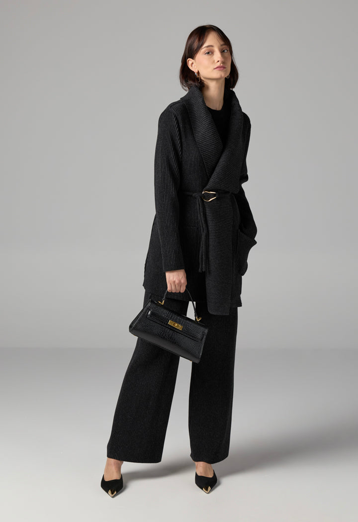 Choice Knitted Ribbed Belted Cardigan Black