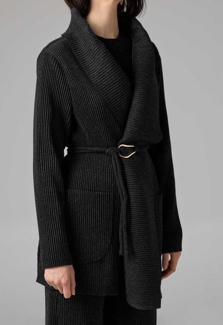 Choice Knitted Ribbed Belted Cardigan Black