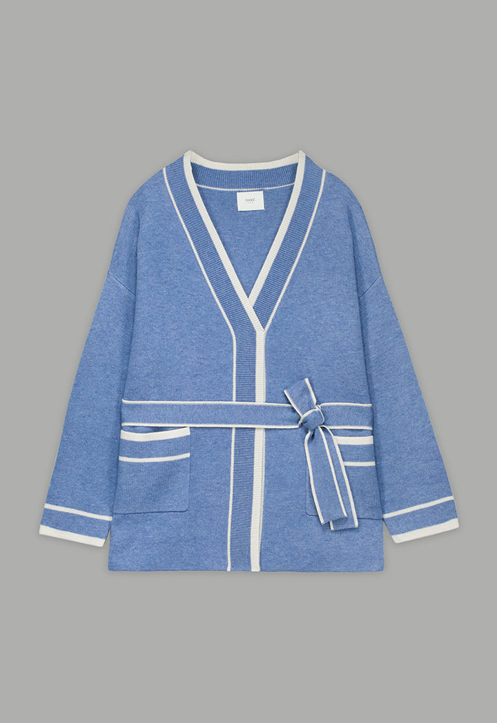 Choice Front Pockets Knitted Belted Cardigan Blue