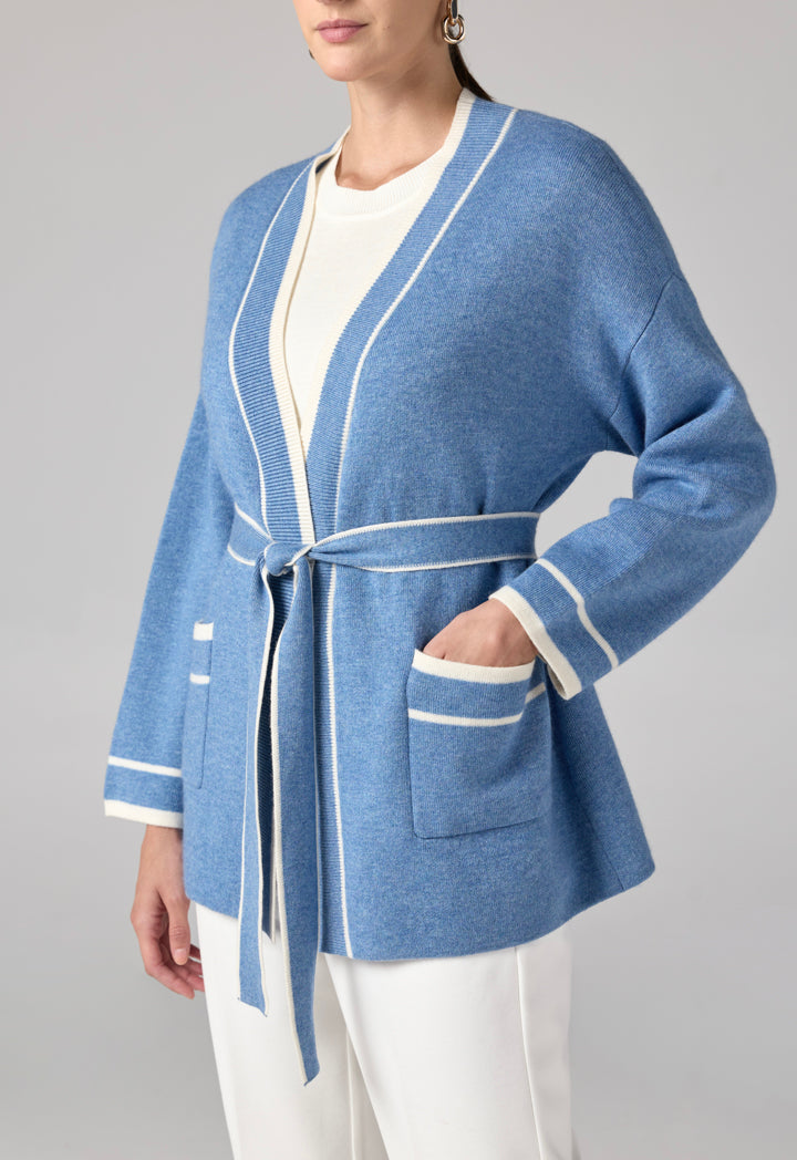 Choice Front Pockets Knitted Belted Cardigan Blue
