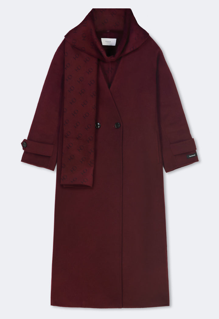 Choice Wool Handmade Coat With Detachable Scarf Burgundy