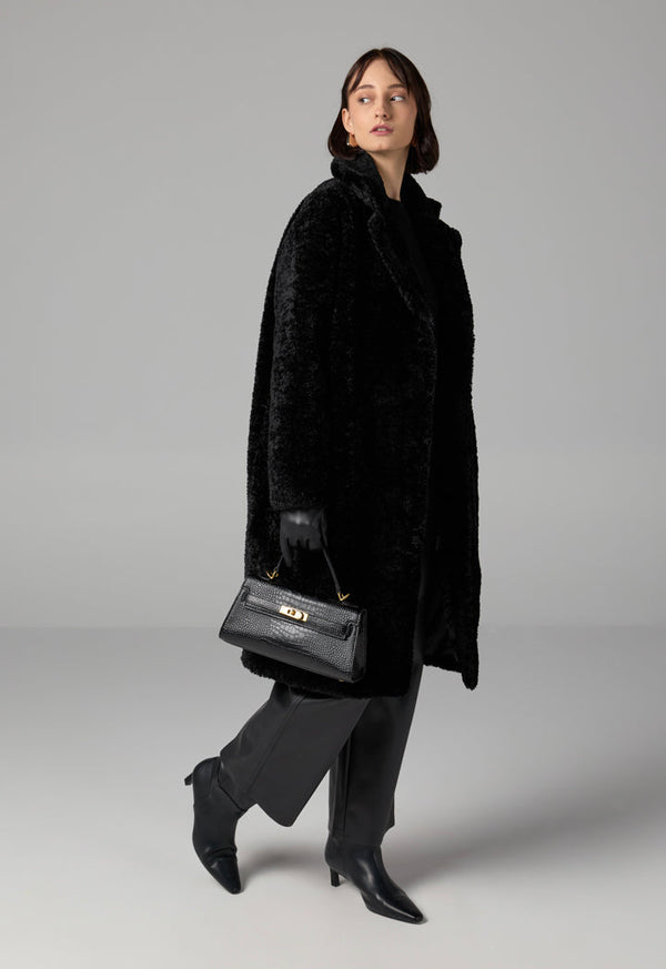 Choice Long Sleeve Solid Midi Teddy Coat Black