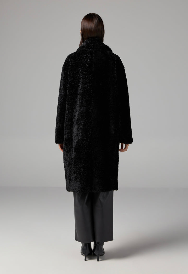 Choice Long Sleeve Solid Midi Teddy Coat Black