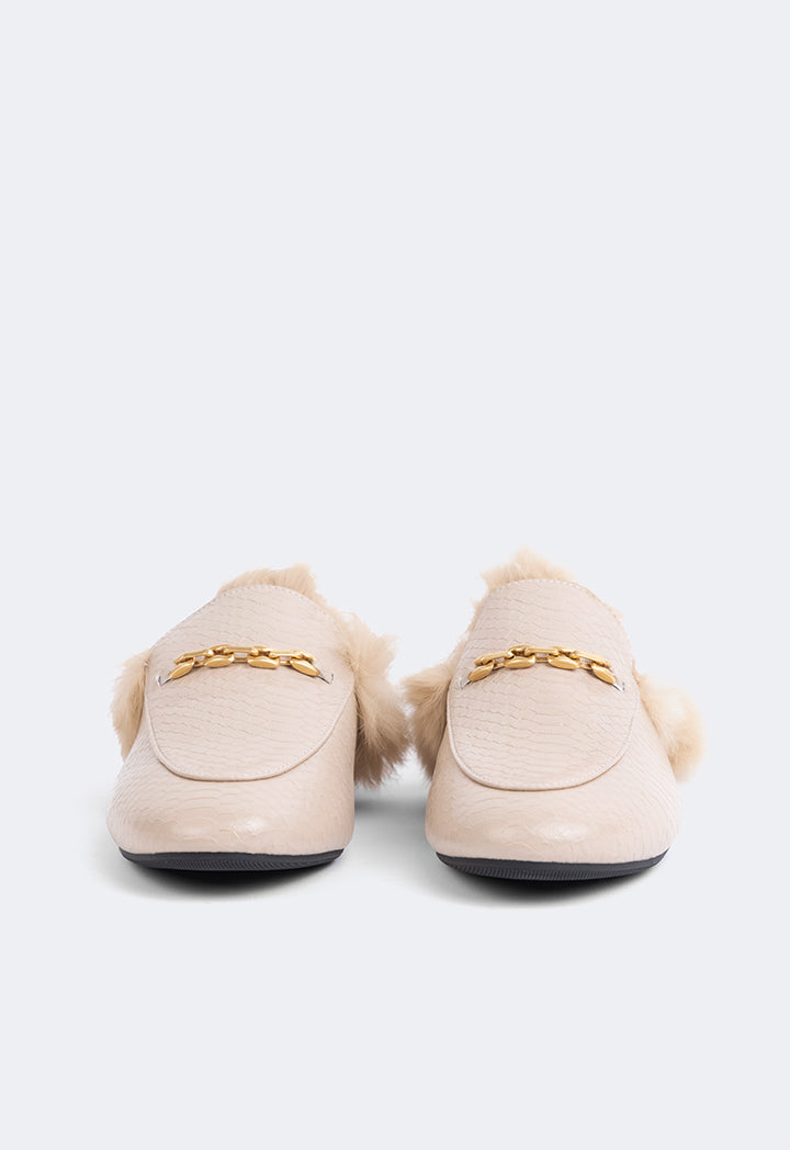 Choice Faux Fur Embellished Sole Mules Beige