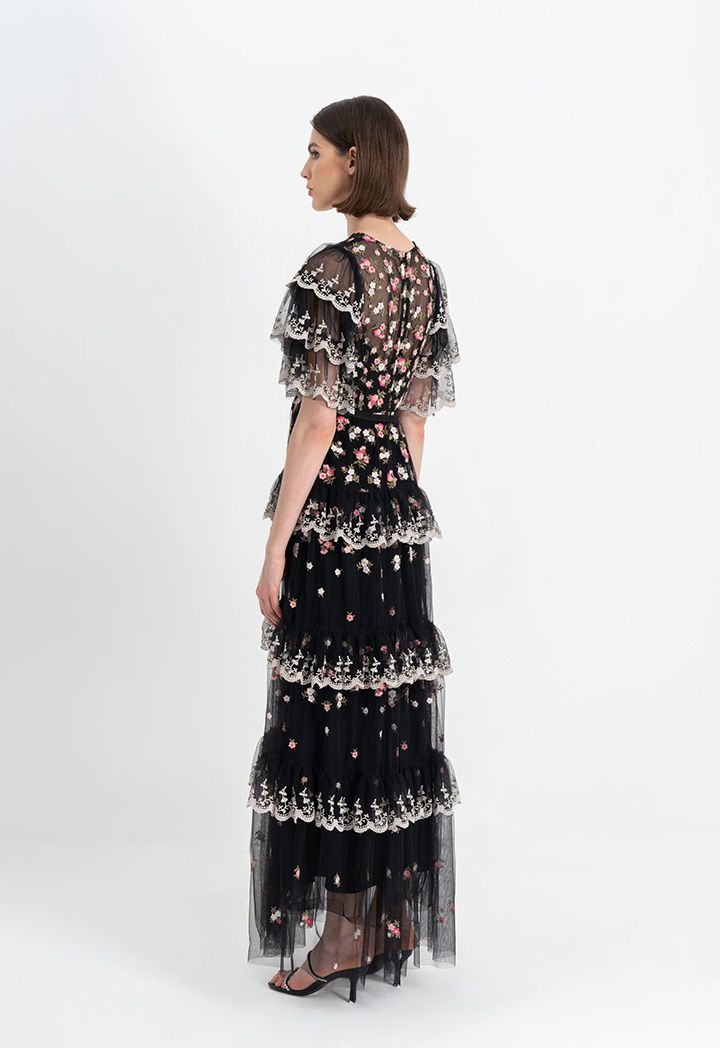 Choice All Over Embroidered Floral Layered Maxi Dress Black