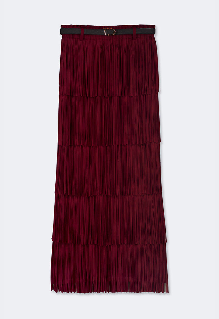 Choice Solid Pleated Fringe Maxi Skirt Burgundy