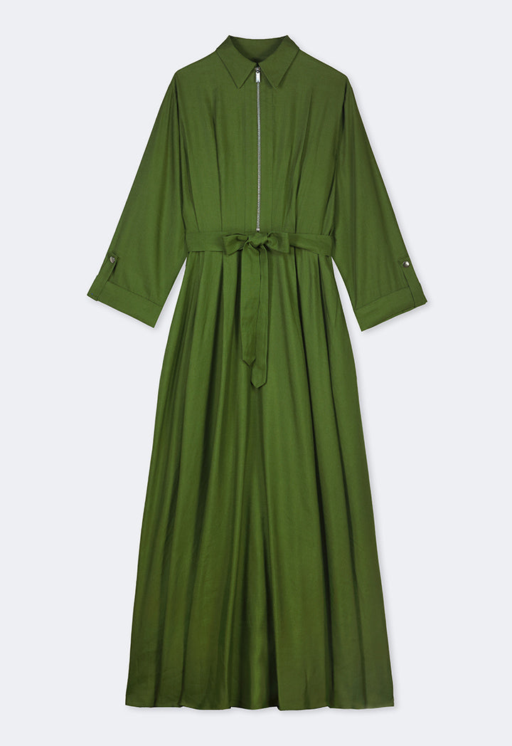 Choice Solid Flared Belted Maxi Dress Green