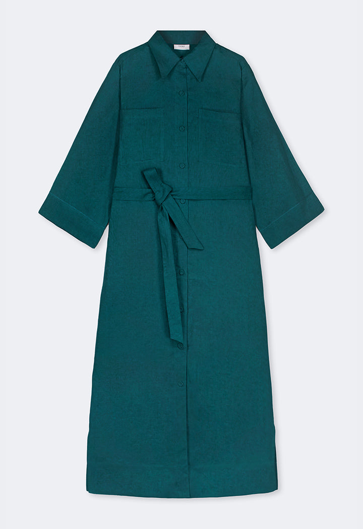 Choice Solid Linen Shirt Dress Teal