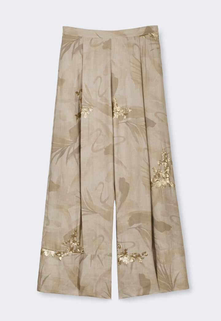Choice Elastic Waistband Sequins Embellished Palazzo Trousers Beige