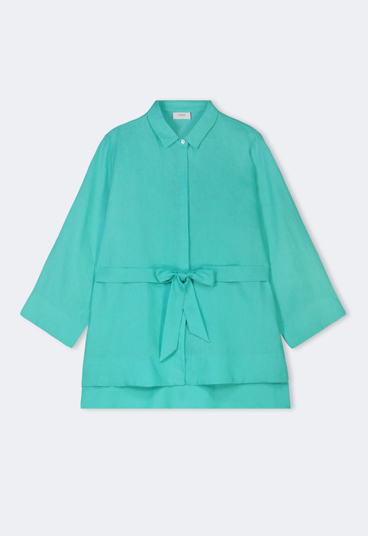 Choice Long Sleeves Basic Belted Shirt Turquoise