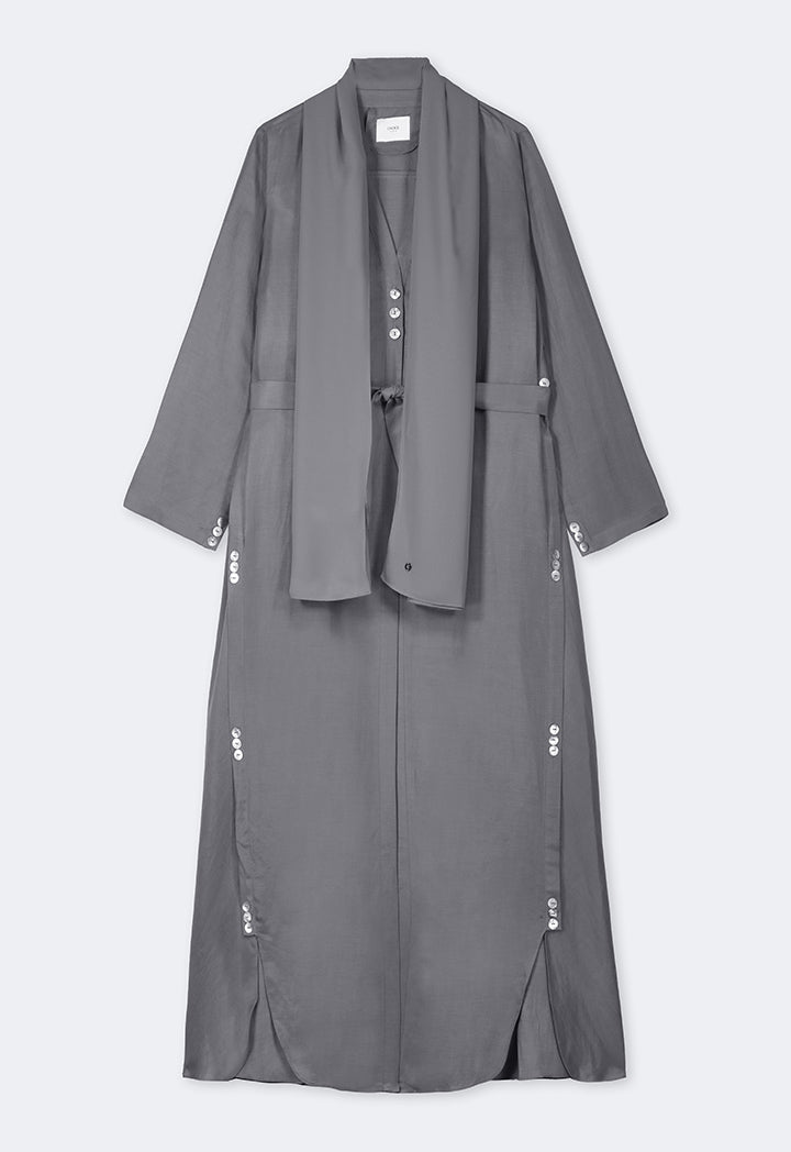 Choice Solid Oversized Maxi Belted Abaya With Hijab Grey