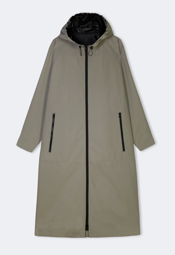 Choice Solid Full-Zip Double-Sided Hooded Trench Coat Khaki