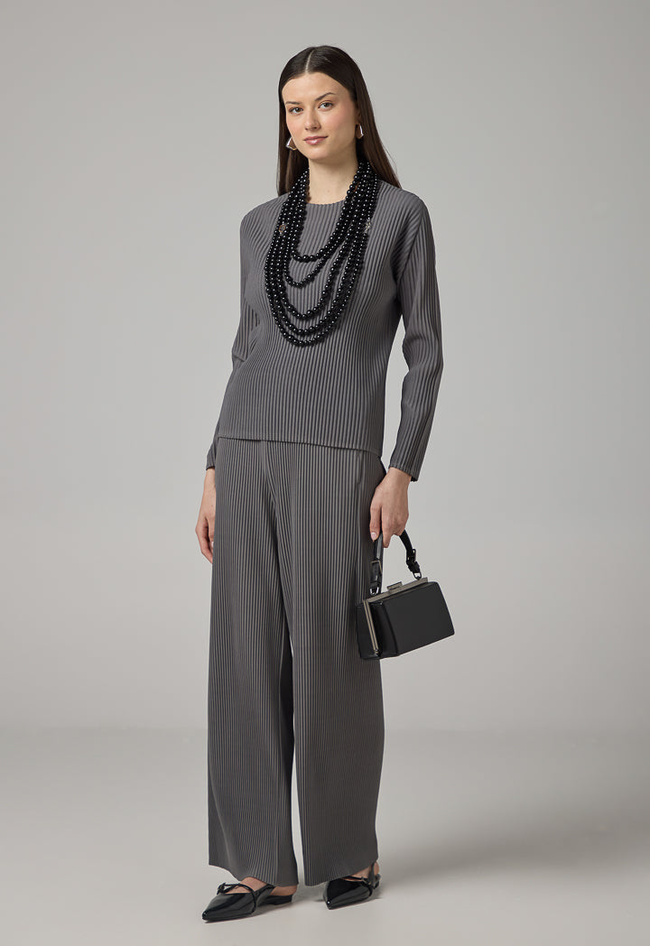Choice Long Sleeve Pleated Blouse Grey