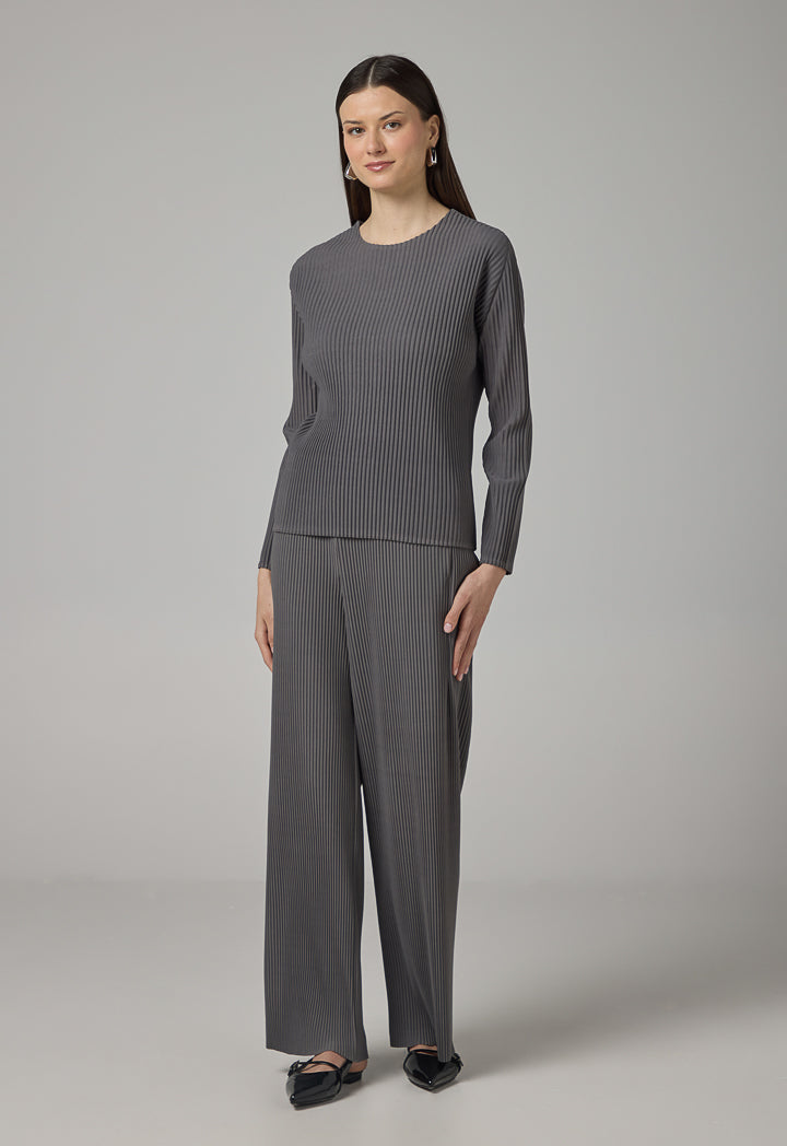 Choice Long Sleeve Pleated Blouse Grey