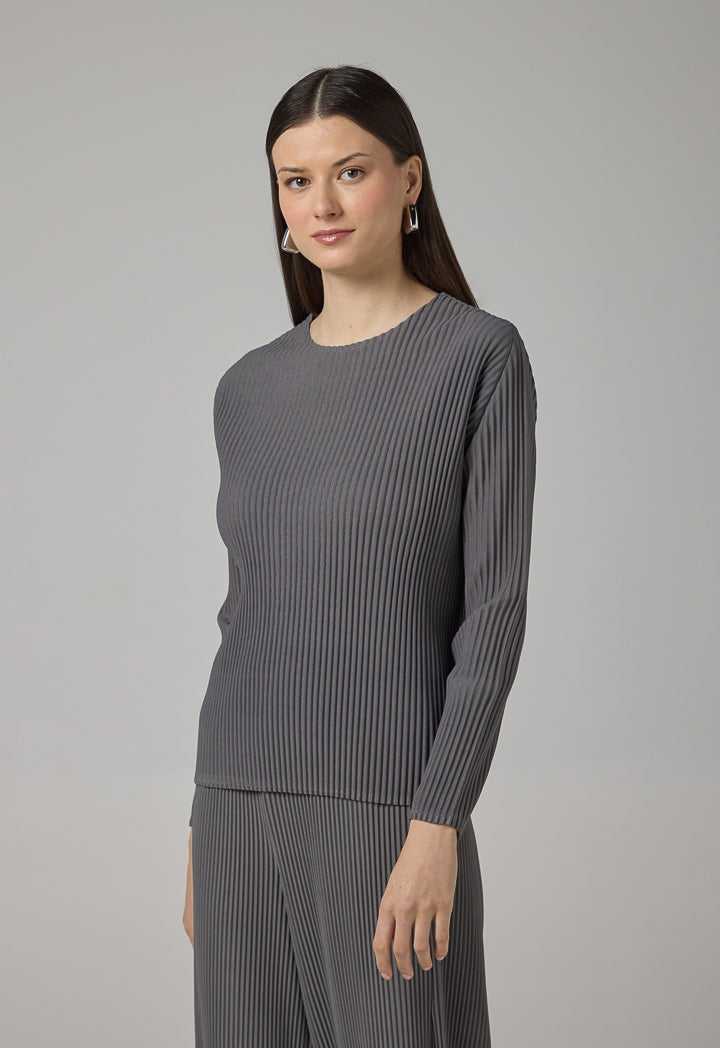 Choice Long Sleeve Pleated Blouse Grey