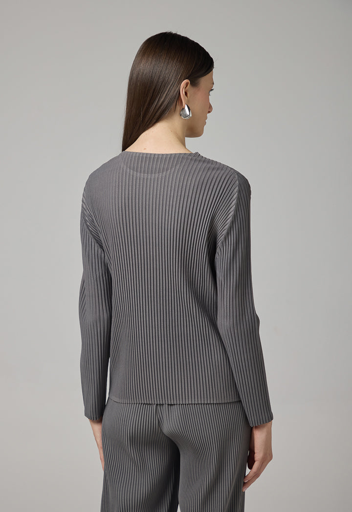 Choice Long Sleeve Pleated Blouse Grey