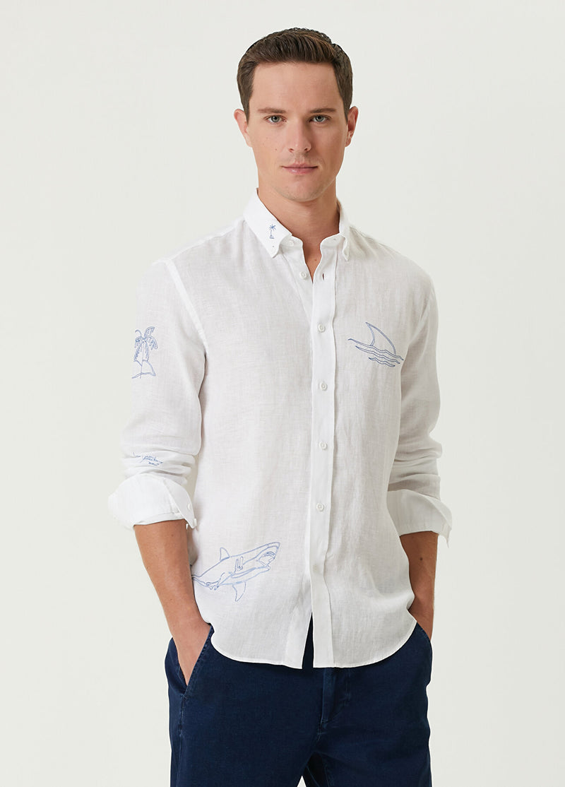 Beymen Club Men Comfort Fit Fish Sailing Embroidered Linen Shirt White