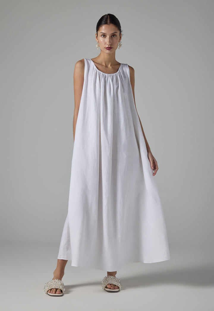 Choice Solid Sleeveless Flared Linen Dress - Ramadan Style Off White