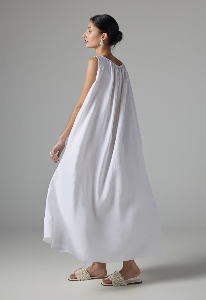 Choice Solid Sleeveless Flared Linen Dress - Ramadan Style Off White