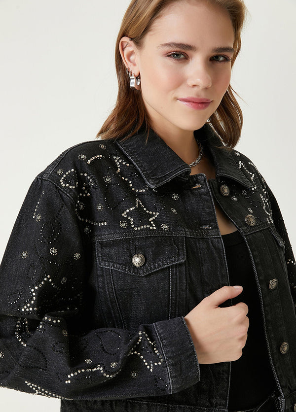 Beymen Club Hotfix Trim Crop Jean Jacket Black