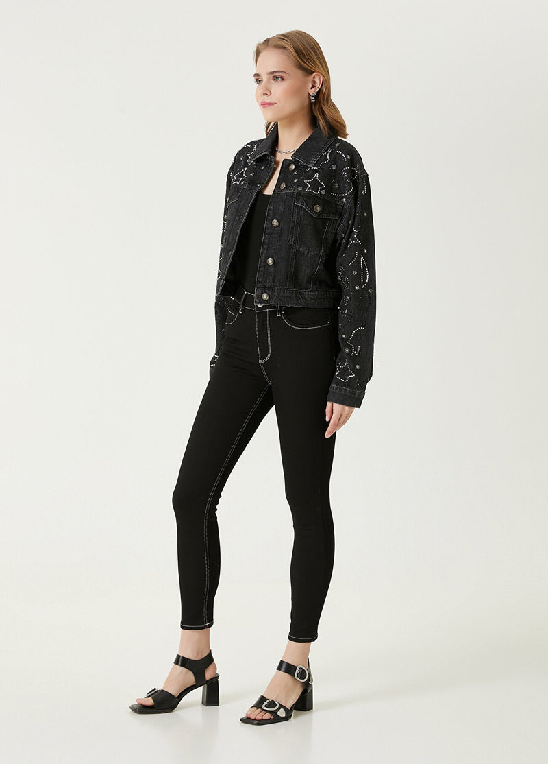 Beymen Club Hotfix Trim Crop Jean Jacket Black