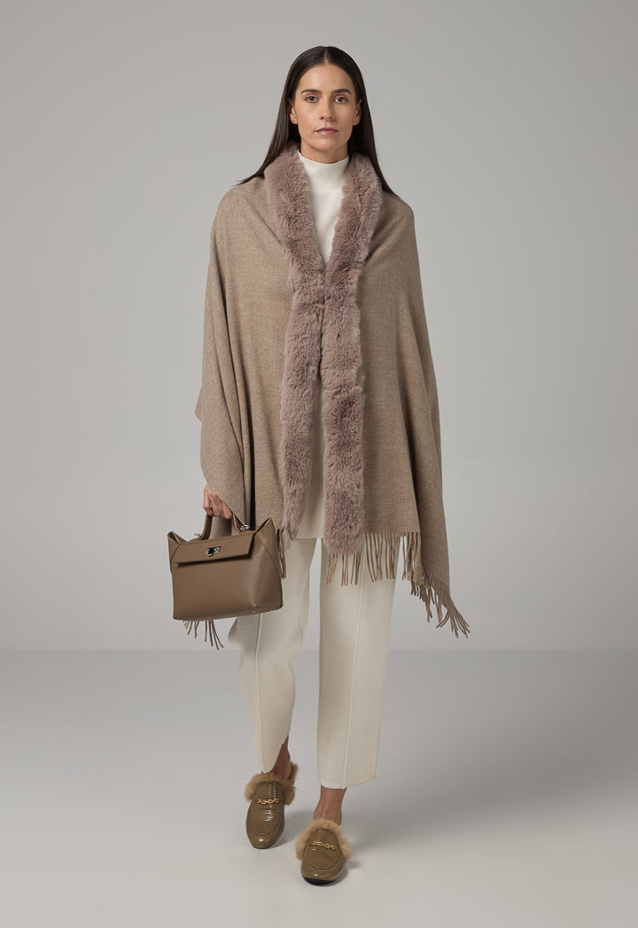 Choice Faux Fur Embellished Poncho Beige