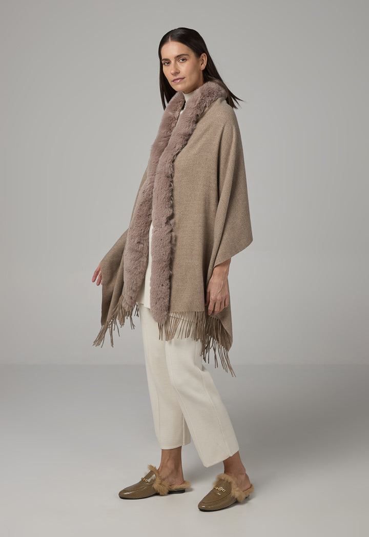 Choice Faux Fur Embellished Poncho Beige