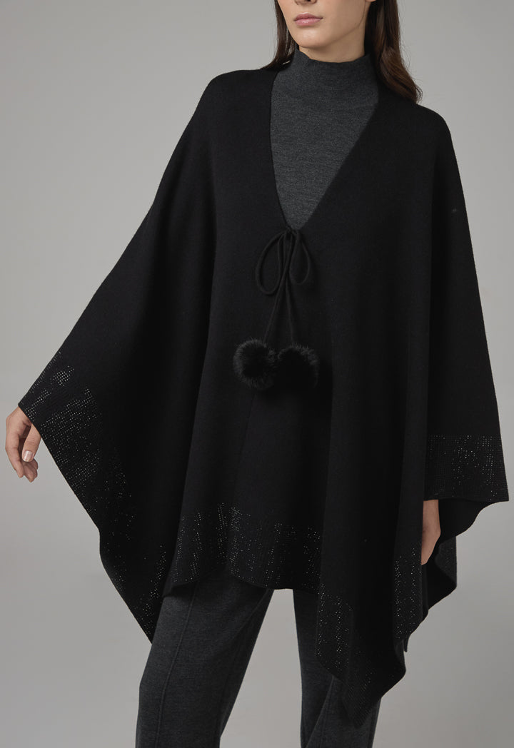 Choice Tie Neck Knitted Poncho Black