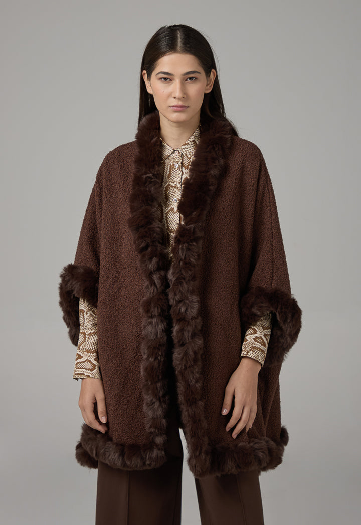 Choice Faux Fur Hems Poncho Brown