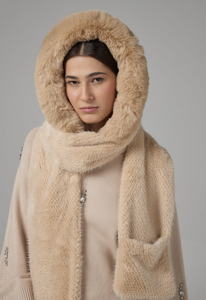 Choice Faux Fur Hooded Scarf Beige