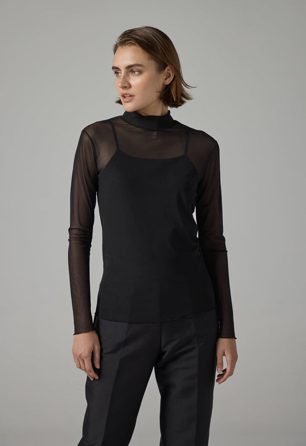 Choice High Neck Long Sleeve Basic Mesh Top Black